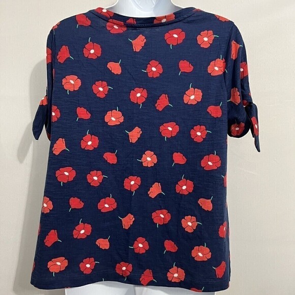 St John's Bay Navy Floral Blouse M Cold Shoulder , ￼ Shoulder Ties￼ Short Sleeve - Picture 3 of 10